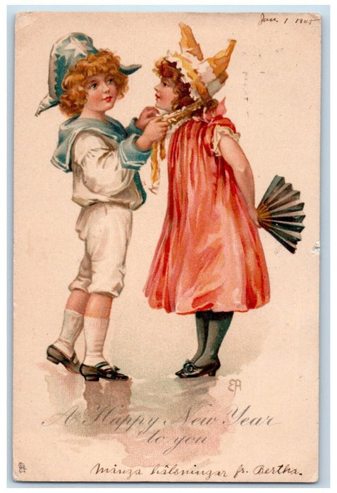 1905 Happy New Year Children Fixing Bonnet Concord MA Tuck's Antique Postcard