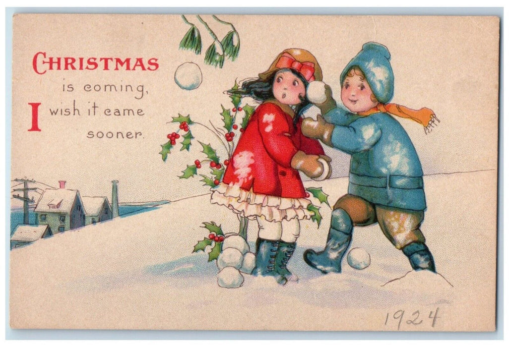 c1910's Christmas Children Playing Snowball Fight Holly Berries Winter Postcard
