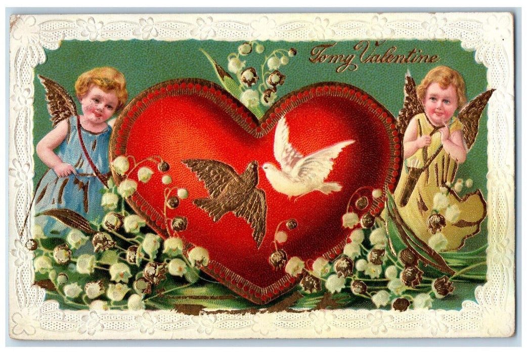 1910 Valentine Angels Giant Heart Dove Flowers Embossed Posted Antique Postcard