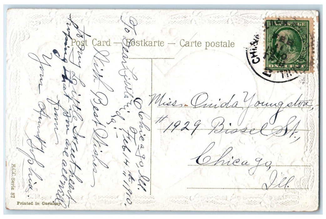 1910 Valentine Angels Giant Heart Dove Flowers Embossed Posted Antique Postcard