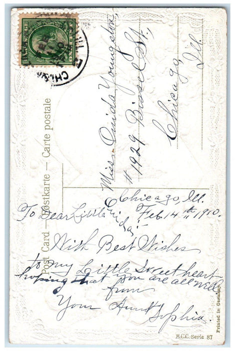 1910 Valentine Angels Giant Heart Dove Flowers Embossed Posted Antique Postcard