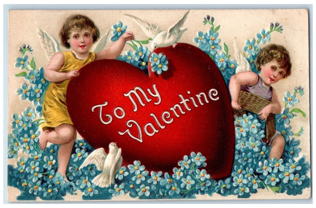 1910 Valentine Angels Heart Dove Pansies Flowers Embossed Chicago IL Postcard