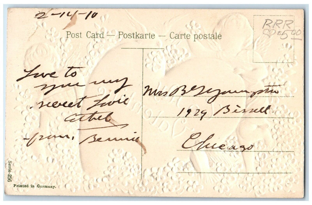 1910 Valentine Angels Heart Dove Pansies Flowers Embossed Chicago IL Postcard