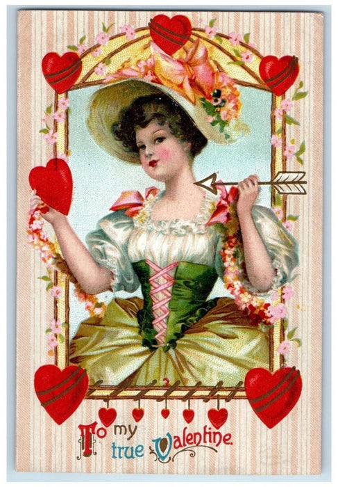 1910 Valentine Pretty Woman Arrow Hearts Embossed Akron Ohio OH Antique Postcard