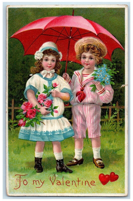 c1910's Valentine Children Sweetheart Umbrella Roses Pansies Flowers Postcard