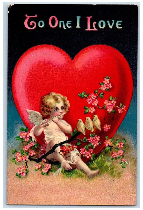 1911 Valentine Big Heart Angel Playing Flute Song Birds Flowers Posted Postcard