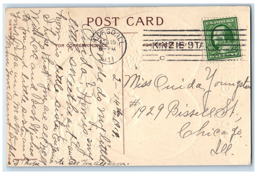 1911 Valentine Big Heart Angel Playing Flute Song Birds Flowers Posted Postcard
