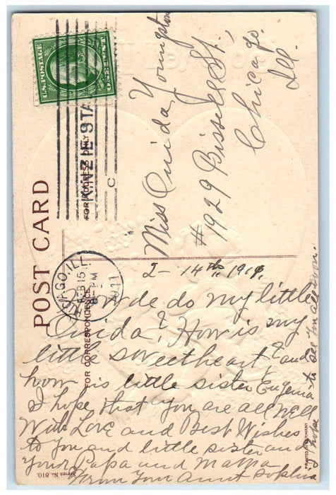 1911 Valentine Big Heart Angel Playing Flute Song Birds Flowers Posted Postcard