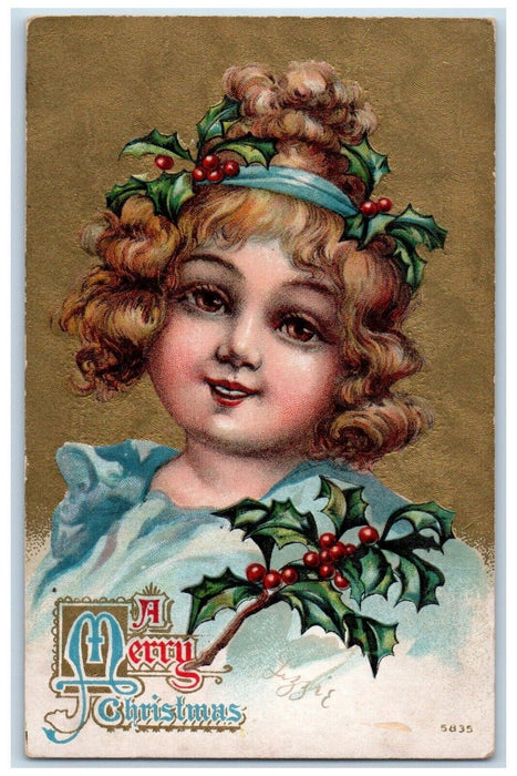 1910 Merry Christmas Pretty Little Girl Holly Berries San Francisco CA Postcard