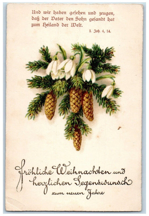 c1910's Christmas Pine Cone Lily Flowers Germany Posted Antique Postcard