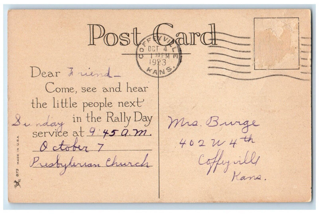 1923 Rally Day Children Flowers Coffeyville Kansas KS Posted Antique Postcard