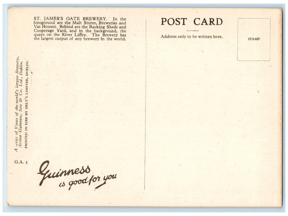 c1940's Guinness Aerial View of St. James's Brewery Dublin Ireland Postcard