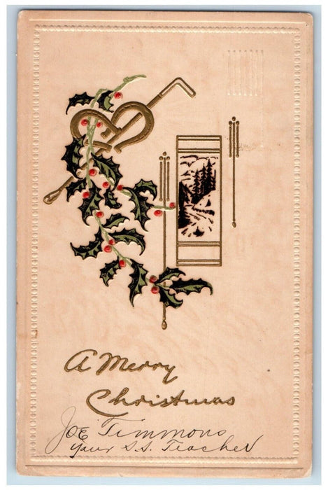 c1910's Christmas Holly Berries Horseshoe Embossed Udall Kansas KS Postcard