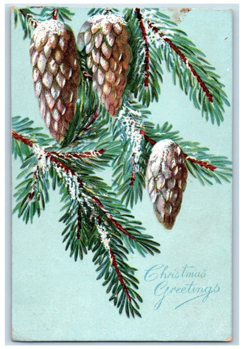 1911 Christmas Greetings Pinecones Embossed Chicago Illinois IL Antique Postcard