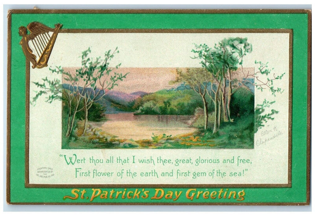 St. Patrick's Day Greetings River Harp Ellen Clapsaddle Artist Signed Postcard