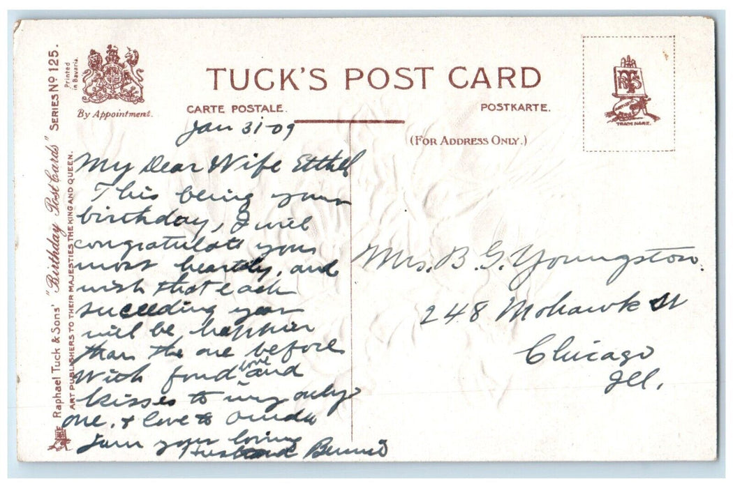 1909 Happy Birthday Purple Flowers Embossed Tuck's Posted Antique Postcard