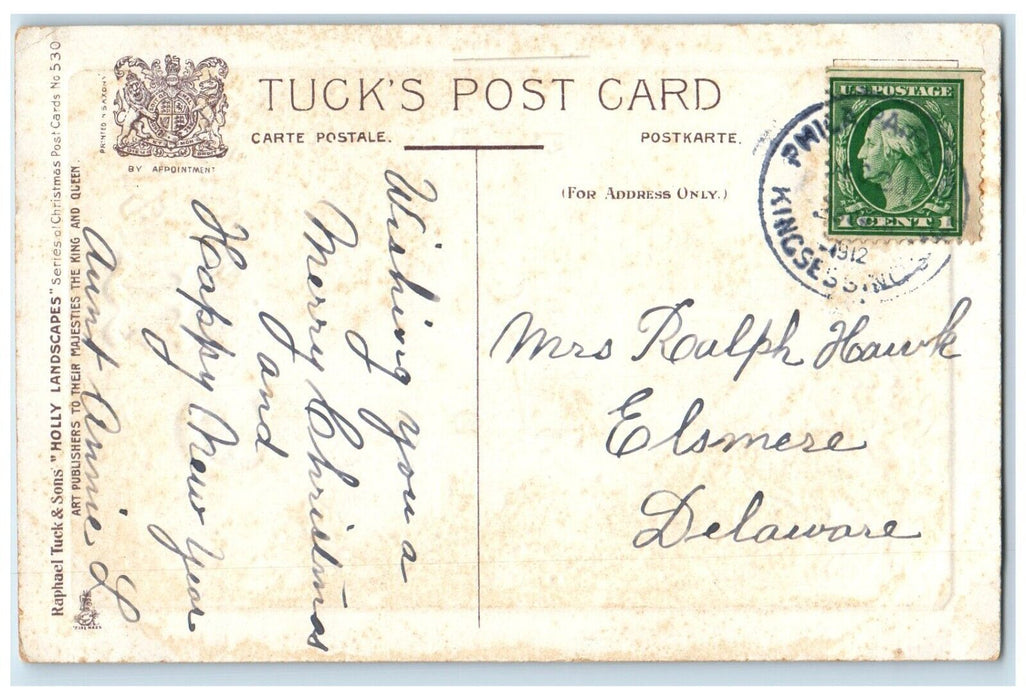 1912 Christmas Wishes Holly Berries House Winter Embossed Tuck's Posted Postcard