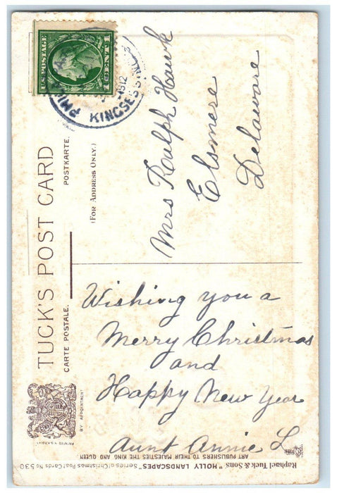1912 Christmas Wishes Holly Berries House Winter Embossed Tuck's Posted Postcard
