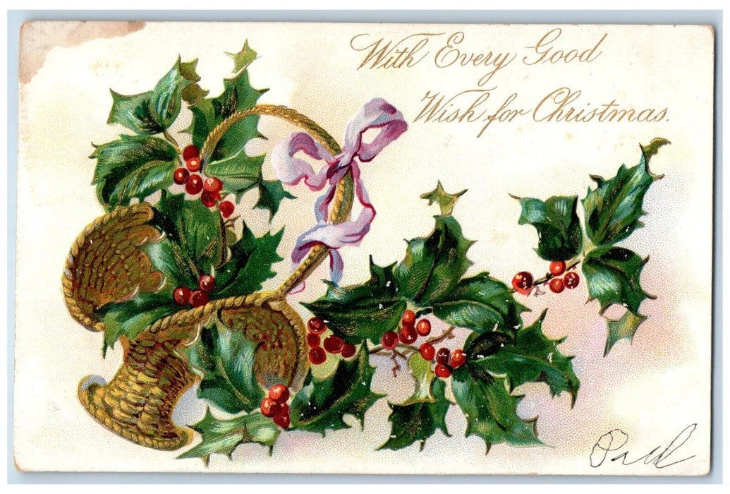 1908 Christmas Holly Berries On Basket Embossed Tuck's Marshallton DEPostcard