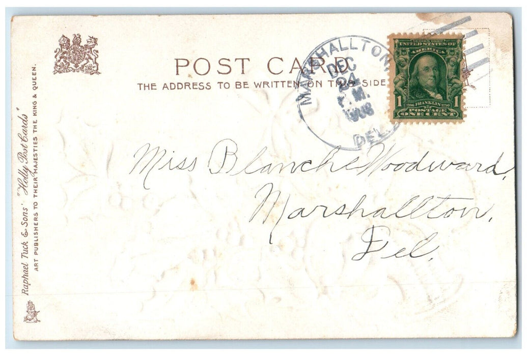 1908 Christmas Holly Berries On Basket Embossed Tuck's Marshallton DEPostcard