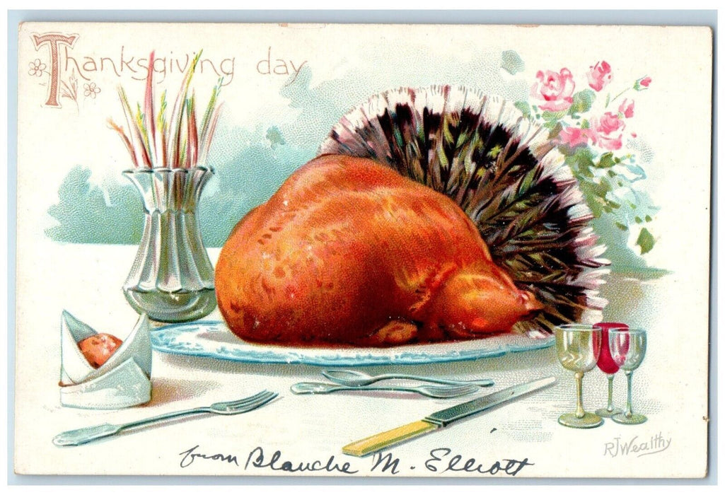 c1910's Thanksgiving Day Turkey For Dinner Embossed RJ Wealthy Tuck's Postcard