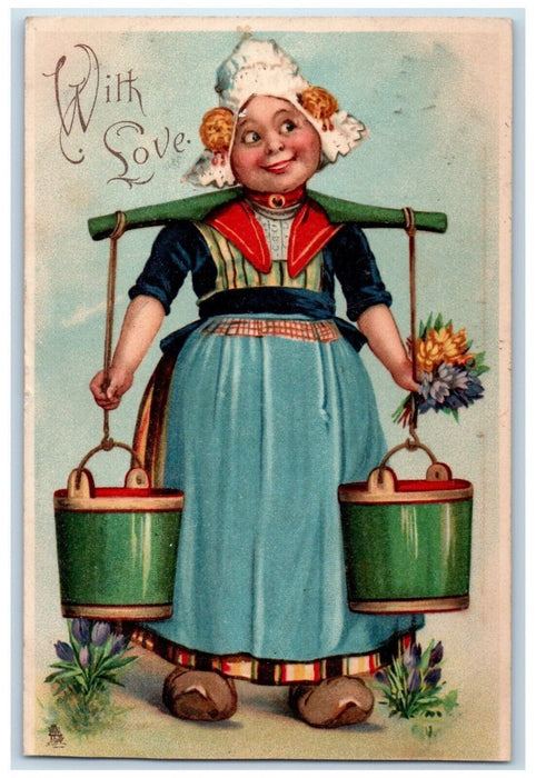 Valentine Dutch Woman Carrying Bucket Flowers Tuck's Bridport England Postcard