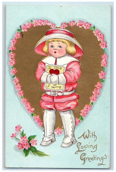 c1910's Valentine Loving Greetings Little Boy Heart Flowers Embossed Postcard