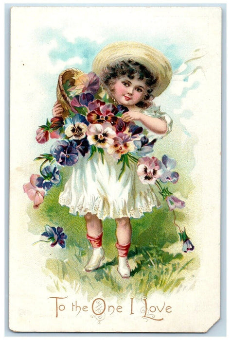 c1910's Valentine Little Girl With Flowers In Basket Embossed Tuck's Postcard