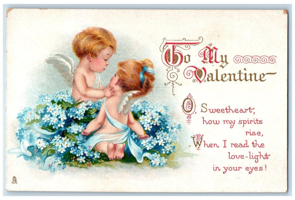 c1910s Valentine Cupid Angel Sweetheart Pansies Flowers Embossed Tuck's Postcard