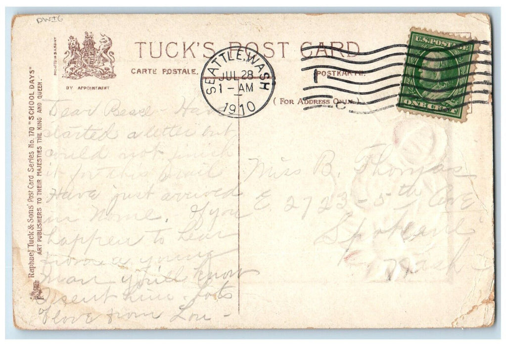 1910 School Days Woman Big Hat With Flowers Dwig Tuck's Seattle WA Postcard
