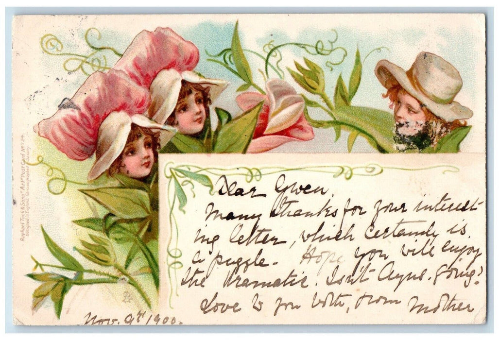 1900 Pretty Girls Head Flowers Hat Tuck's Posted Antique Postcard