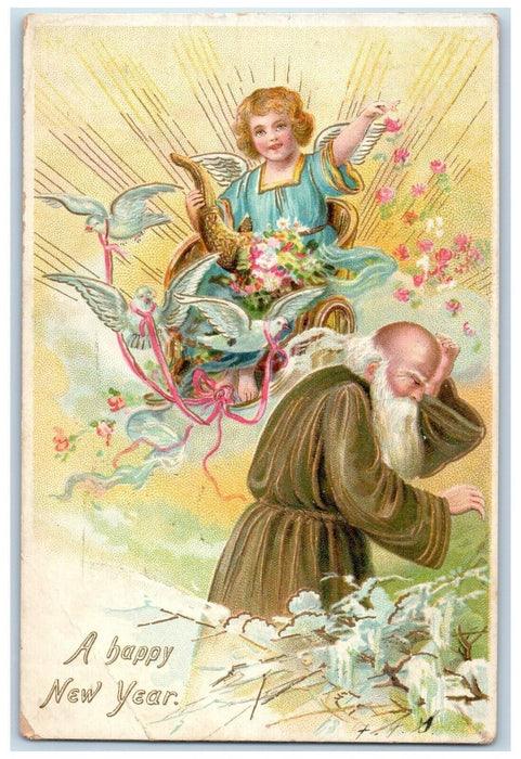 Happy New Year Old Man Time Cornucopia Angel Dove Flowers Tuck's Posted Postcard