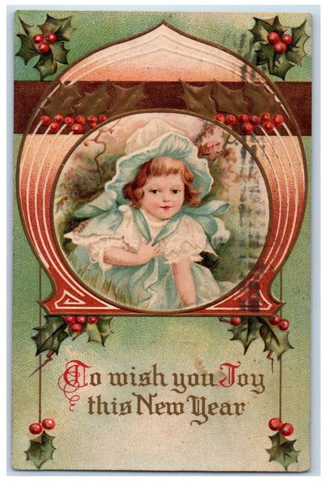 1911 New Year Little Girl Holly Berries Embossed Parkesburg WV Antique Postcard