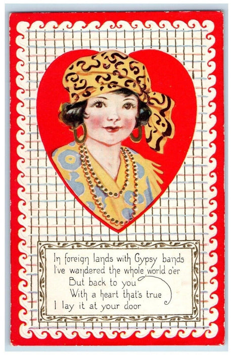 c1910's Valentine Pretty Woman Gypsy Bands Heart Embossed Shirley IN Postcard