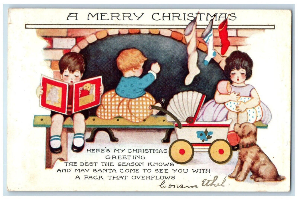 1943 Christmas Greetings Children Playing Hanging Stockings Embossed Postcard