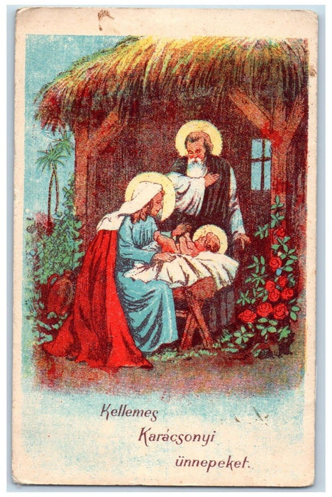 1942 Christmas Hungary Religious Roses Flowers Posted Antique Postcard