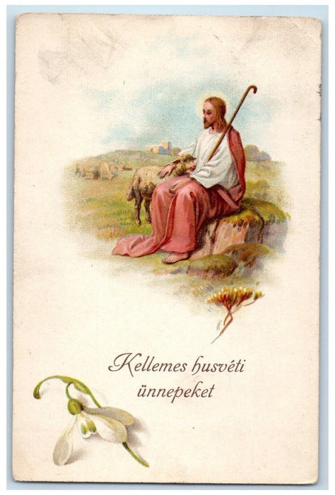 1929 Easter Hungary Jesus Sheep White Flowers Posted Vintage Postcard