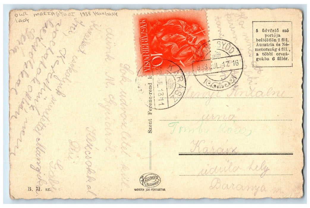 1938 Our Lady Maria Yudi Hungary Religious Posted Vintage Postcard