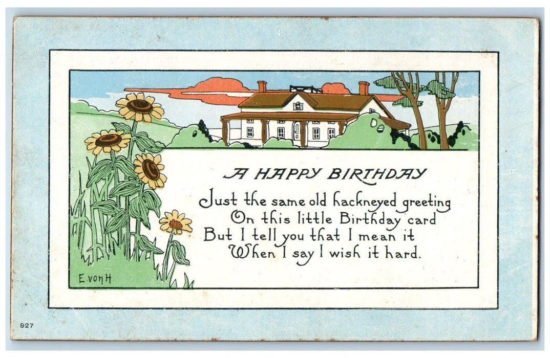 c1910's Birthday Greetings Sunflowers House Embossed Posted Vintage Postcard