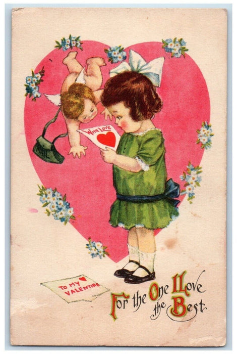 c1910's Valentine Cupid Angel Little Girl Big Heart Flowers Antique Postcard