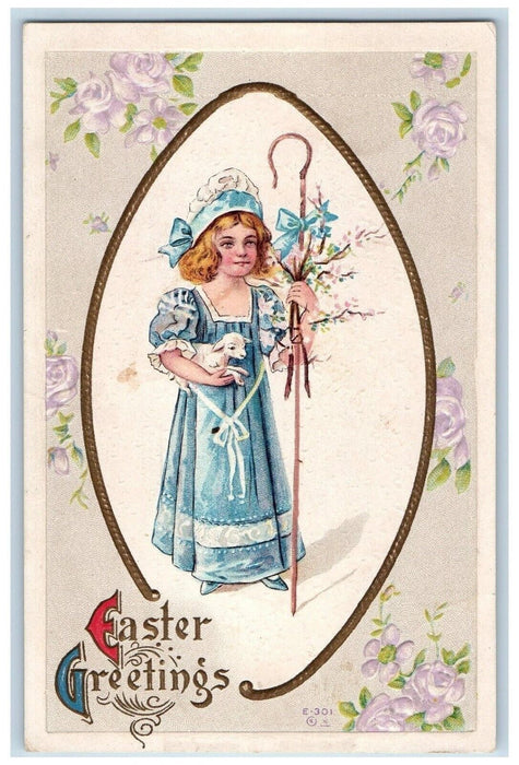 1913 Easter Greetings Little Girl Flowers Embossed Posted Antique Postcard