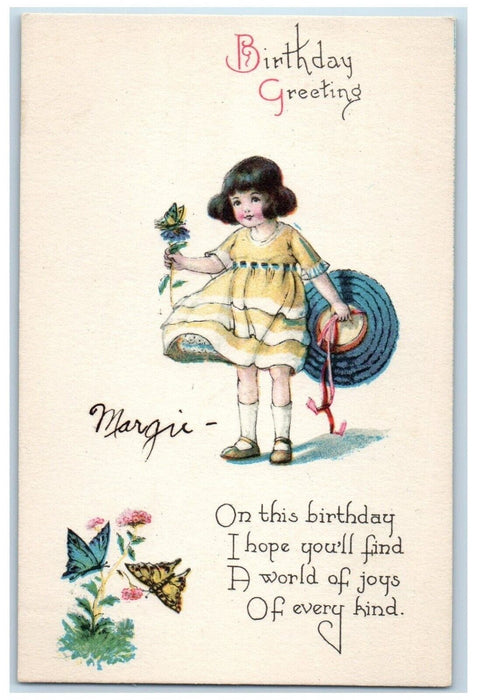 c1910's Birthday Greetings Little Girl Big Hat Butterfly Flowers Posted Postcard