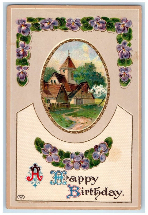 c1910's Happy Birthday House Church Flowers Gel Gold Gilt Antique Postcard