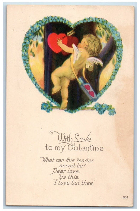 c1910's Valentine Cupid Arrow Angel Flowers Hearts Posted Antique Postcard