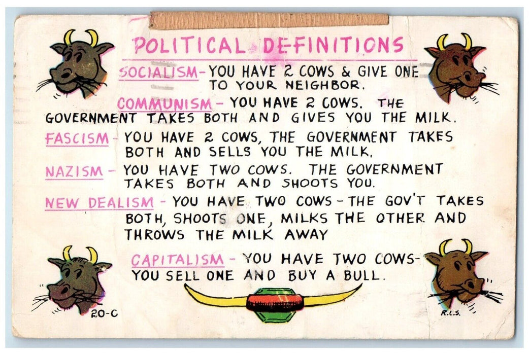 1955 Political Definitions Las Cruses New Mexico NM, Cows Antique Postcard