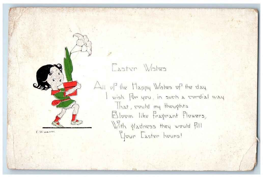 c1910's Easter Wishes Little Girl Flowers Pot Weaver Posted Antique Postcard