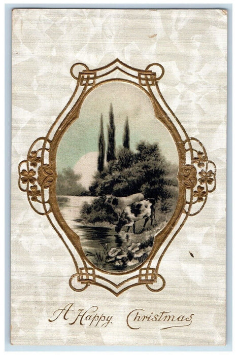 1907 Christmas Cows Embossed Silk Madison Square NY Tuck's Antique Postcard