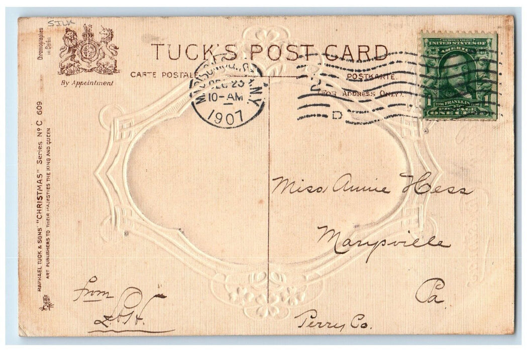 1907 Christmas Cows Embossed Silk Madison Square NY Tuck's Antique Postcard
