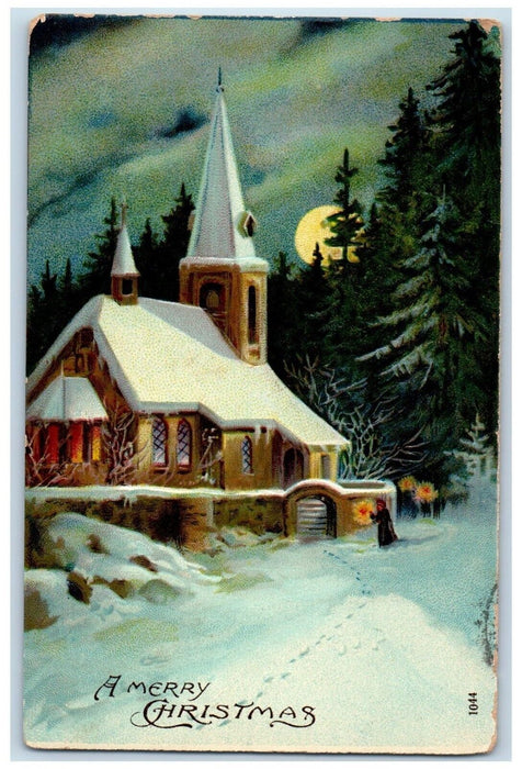 c1910's Merry Christmas Church Winter Moon Scene Embossed Antique Postcard