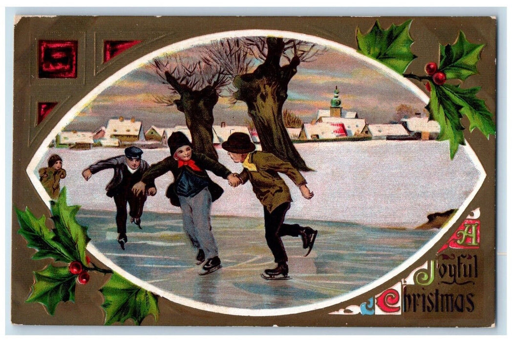 c1910's Christmas Boys Ice Skating Holly Berries Houses Embossed Postcard